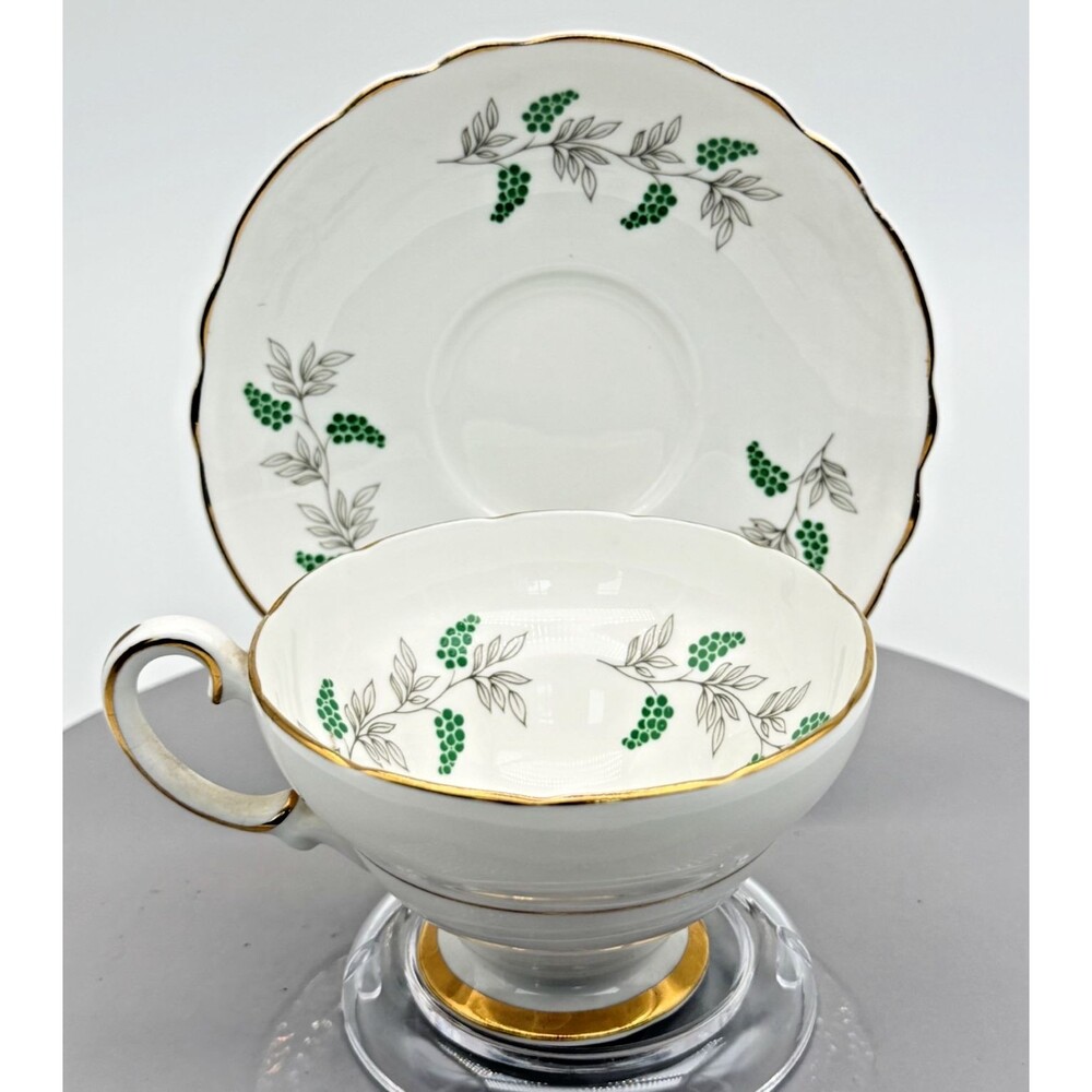 Crown Staffordshire Eden Green Footed Tea Cup and Saucer Gold Trim England